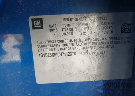 2017 Chevrolet Cruze Lt Auto from USA, damaged, VIN 1G1BE5SM0H7112378